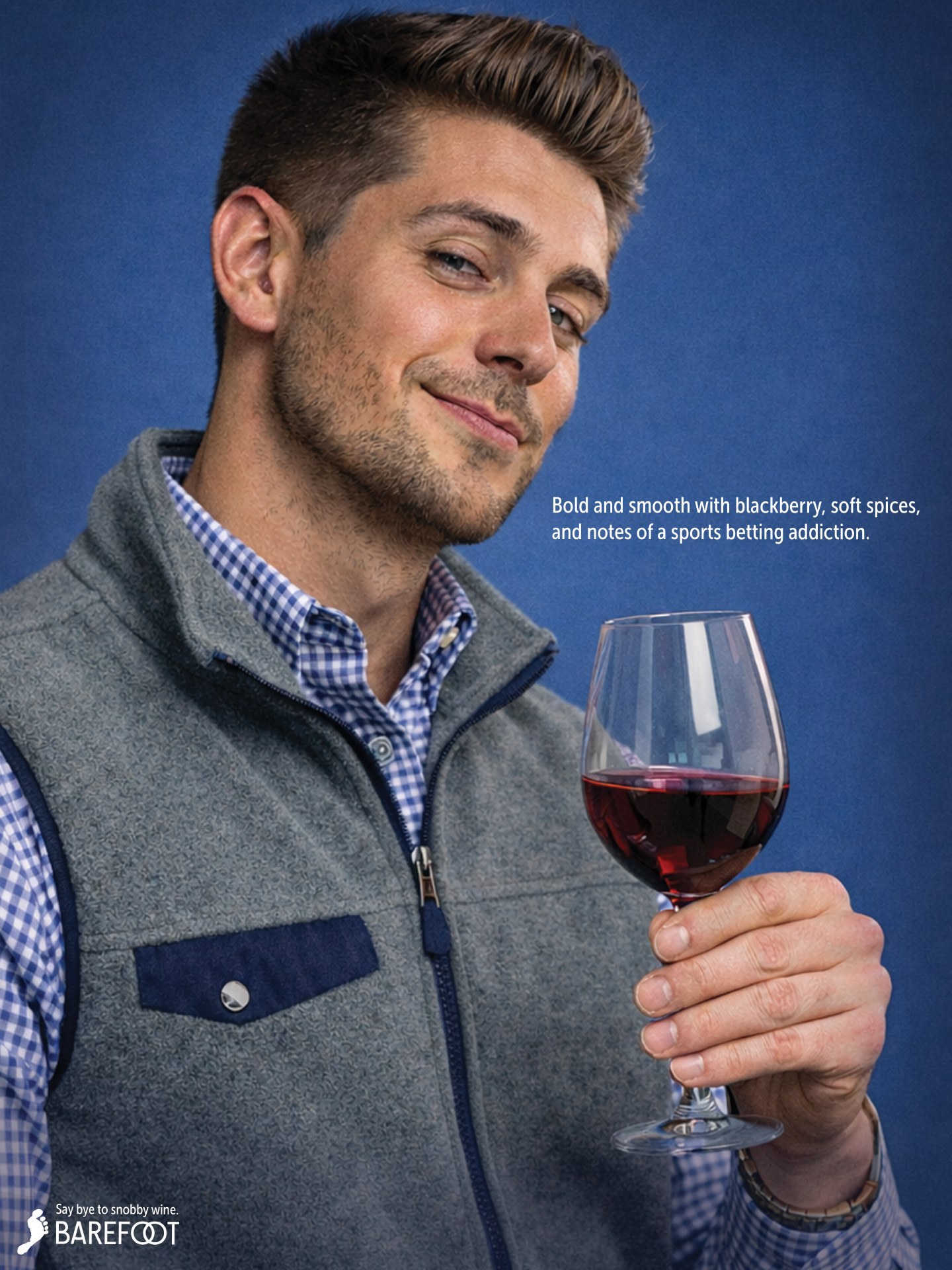 Barefoot ad: a smirking man in a fleece vest holding a glass of red wine, with the line "Bold and smooth with blackberry, soft spices, and notes of a sports betting addiction."