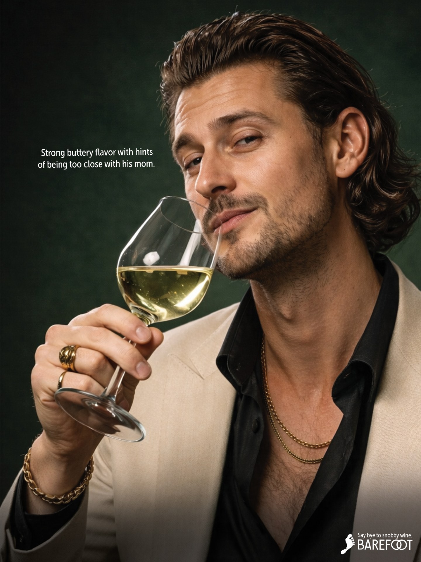 Barefoot ad: a man with slicked-back hair in a cream blazer sniffing white wine, with the line "Strong buttery flavor with hints of being too close with his mom."