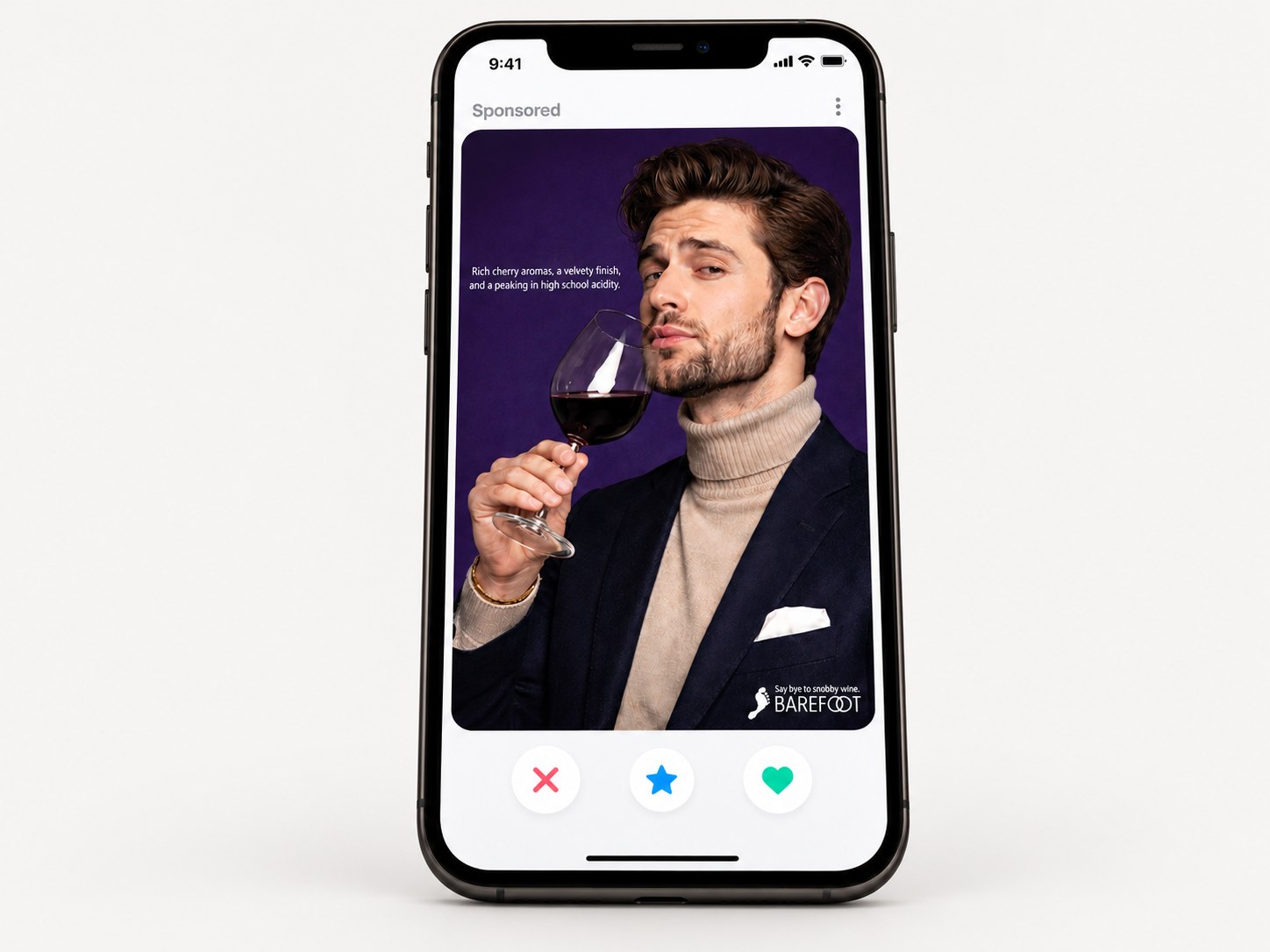 Mockup of the red wine ad as a sponsored dating-app card on a phone.