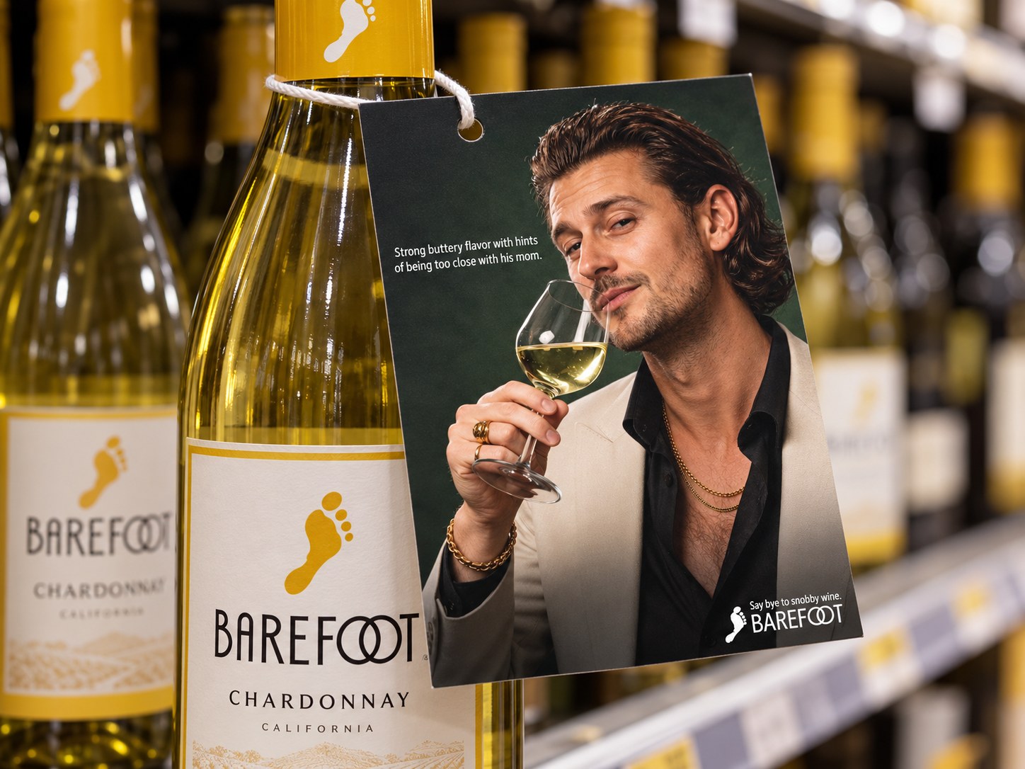 Mockup of the chardonnay ad as a bottle neck tag on a store shelf.