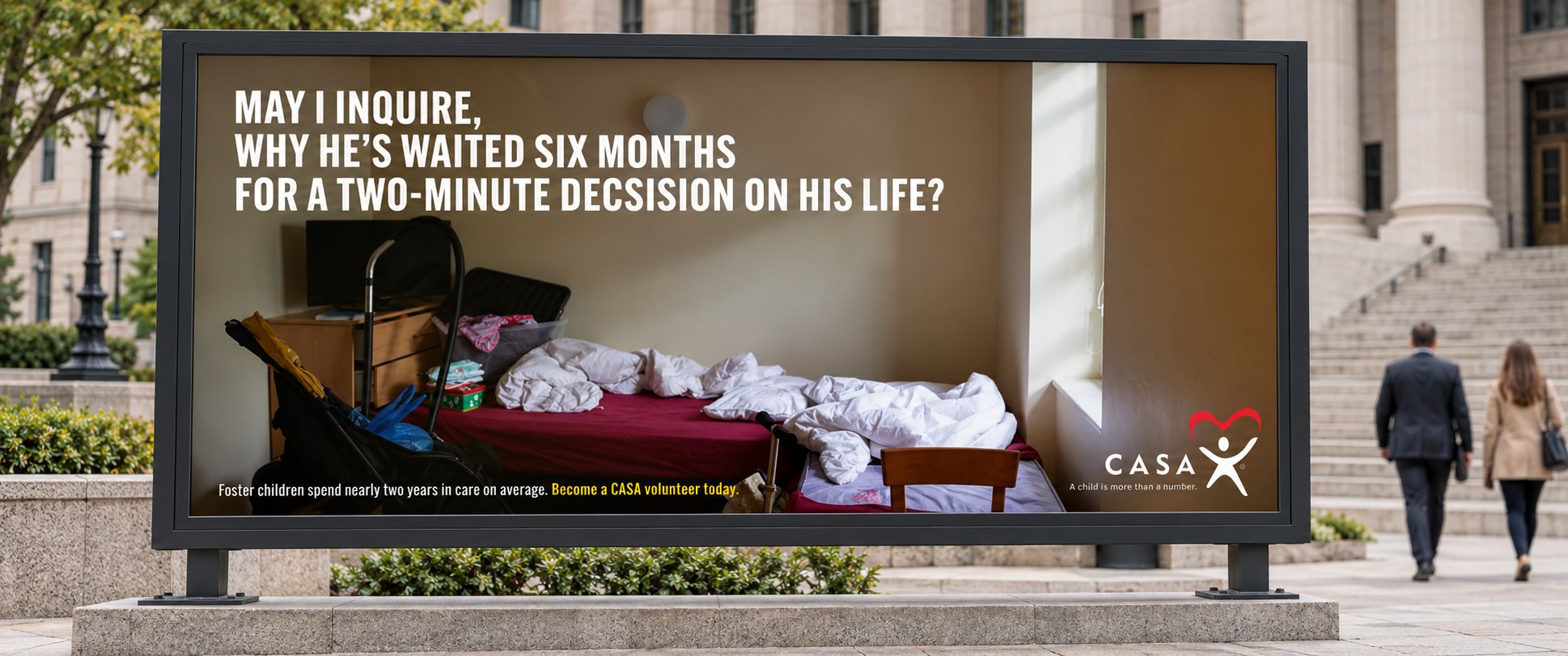 Mockup of the six-month ad on a freestanding sign outside a courthouse.