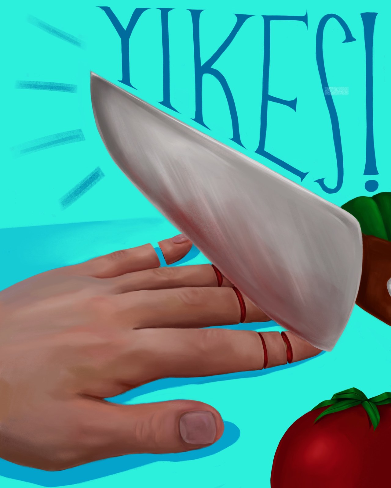 Digital illustration: a hand about to be cut by a chef’s knife on a turquoise background, with the word 