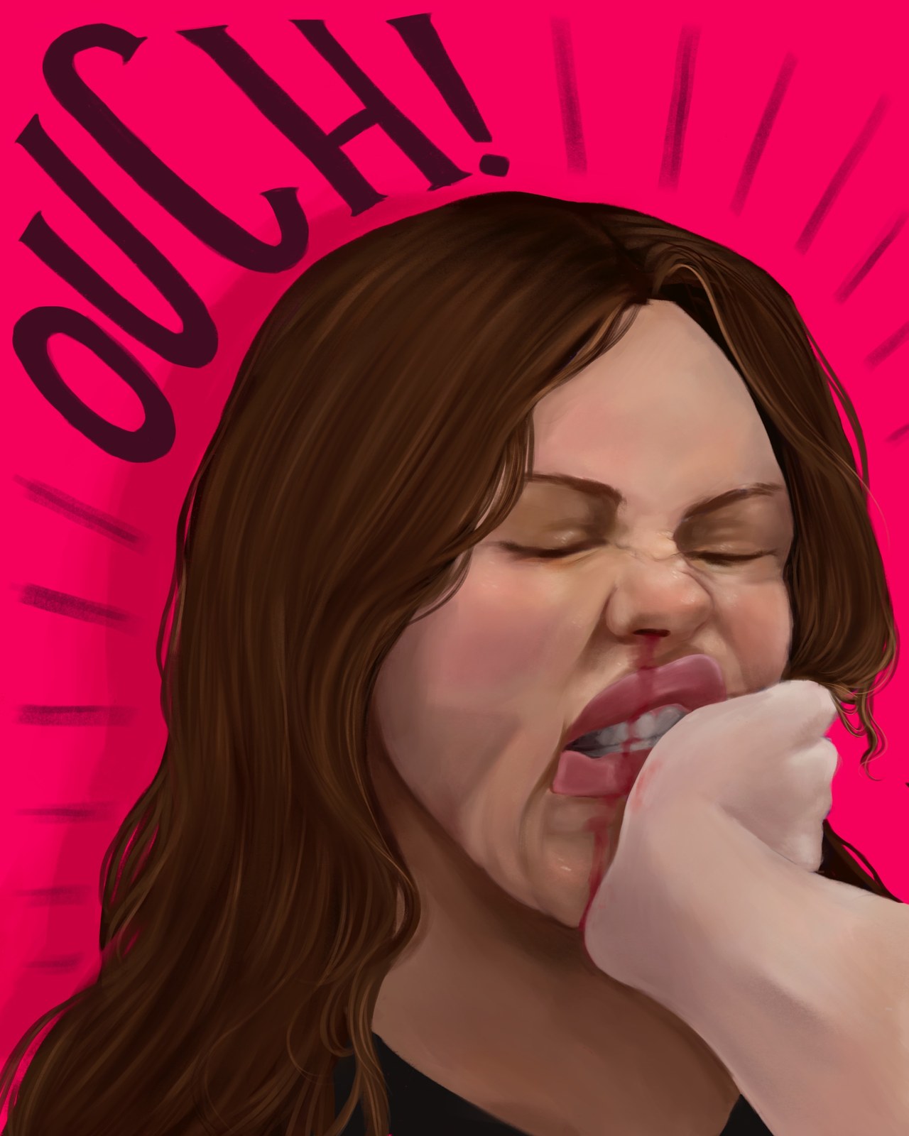 Digital illustration: a woman wincing as a fist hits her mouth on a hot pink background, with the word 