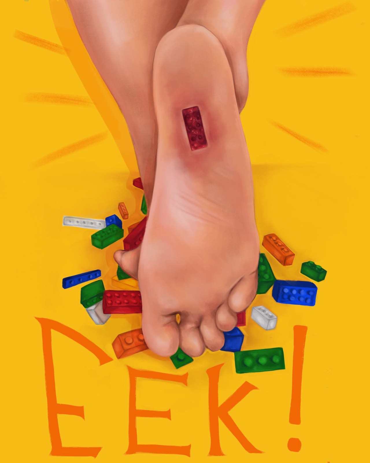 Digital illustration: a bare foot stepping on plastic building bricks on a yellow background, with the word 