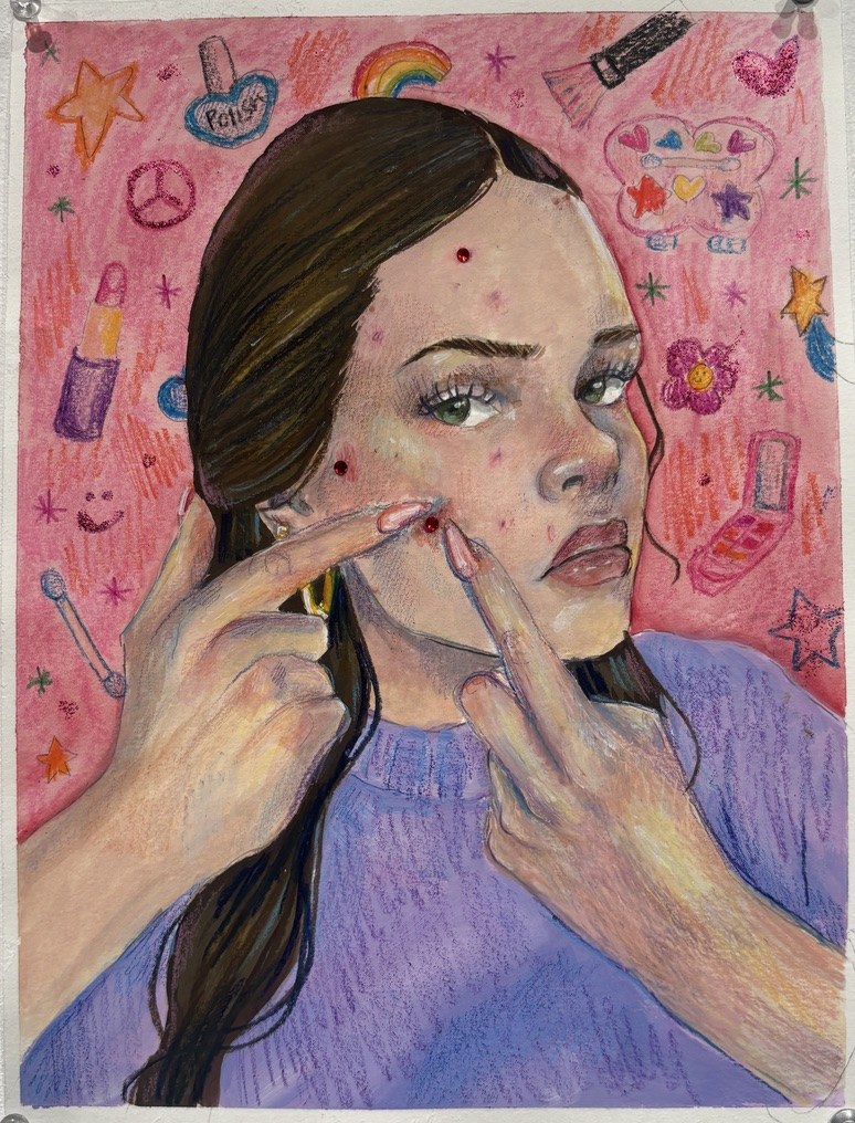 Color pencil and crayon portrait of a woman popping a pimple, surrounded by doodled makeup and stars.
