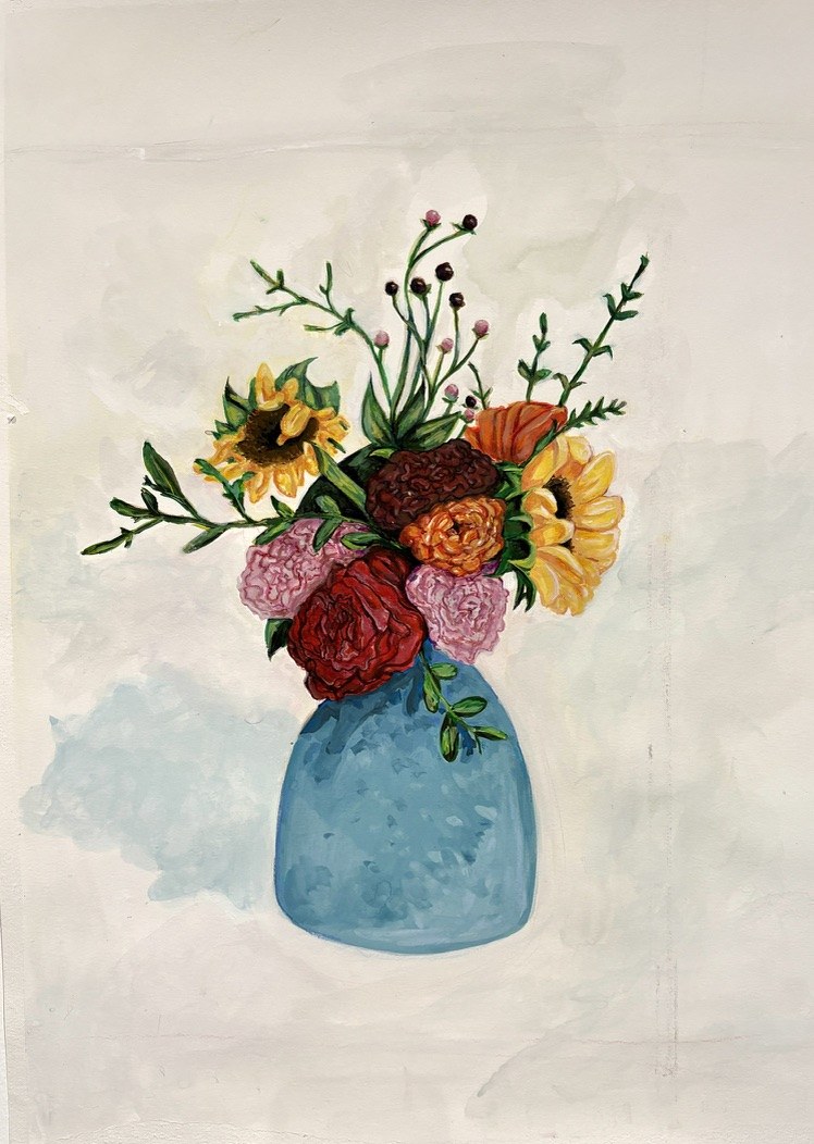 Gouache painting of a bouquet of flowers in a blue vase.