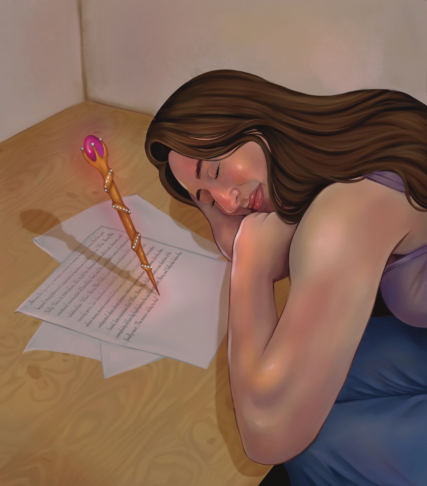 Digital illustration of a woman asleep on her arm at a desk while an enchanted wand writes on paper.