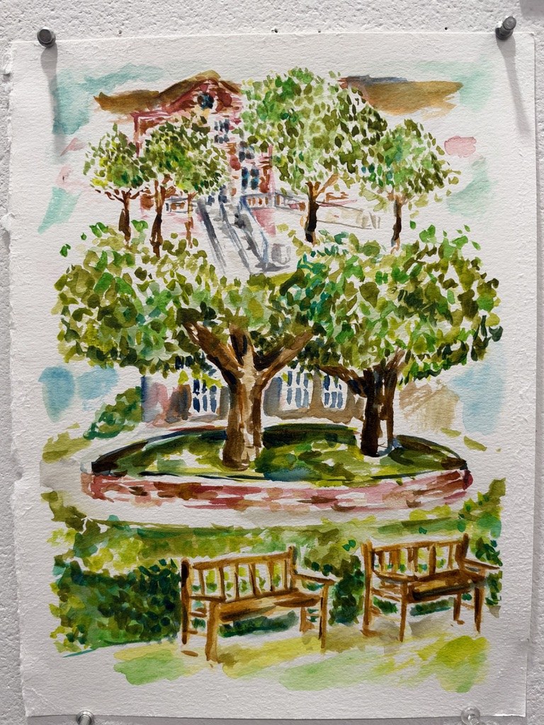 Watercolor of two benches in front of a tree-filled courtyard and brick building.