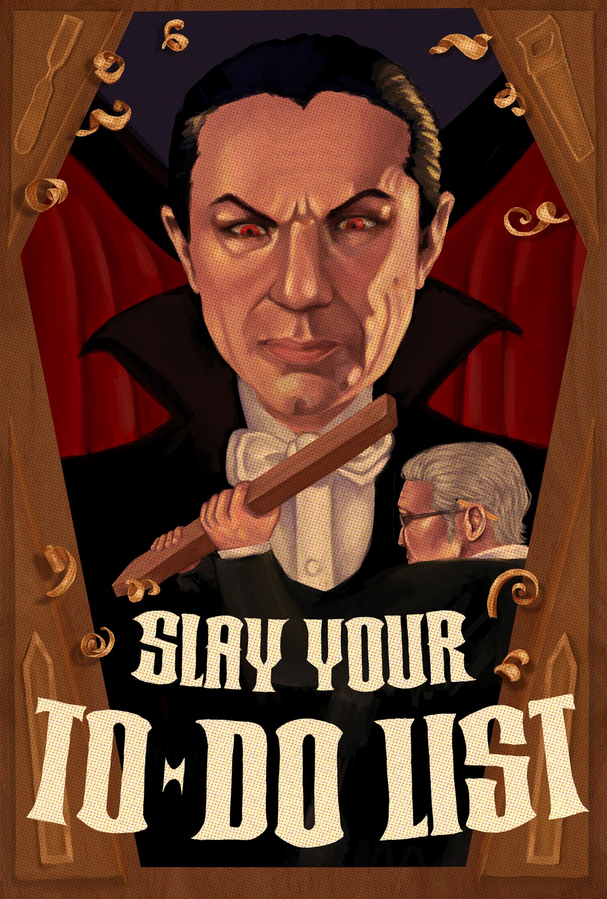Home Depot Halloween poster: Dracula swinging a wooden stake inside a coffin made of wood and hand tools, with the line "Slay your to-do list."