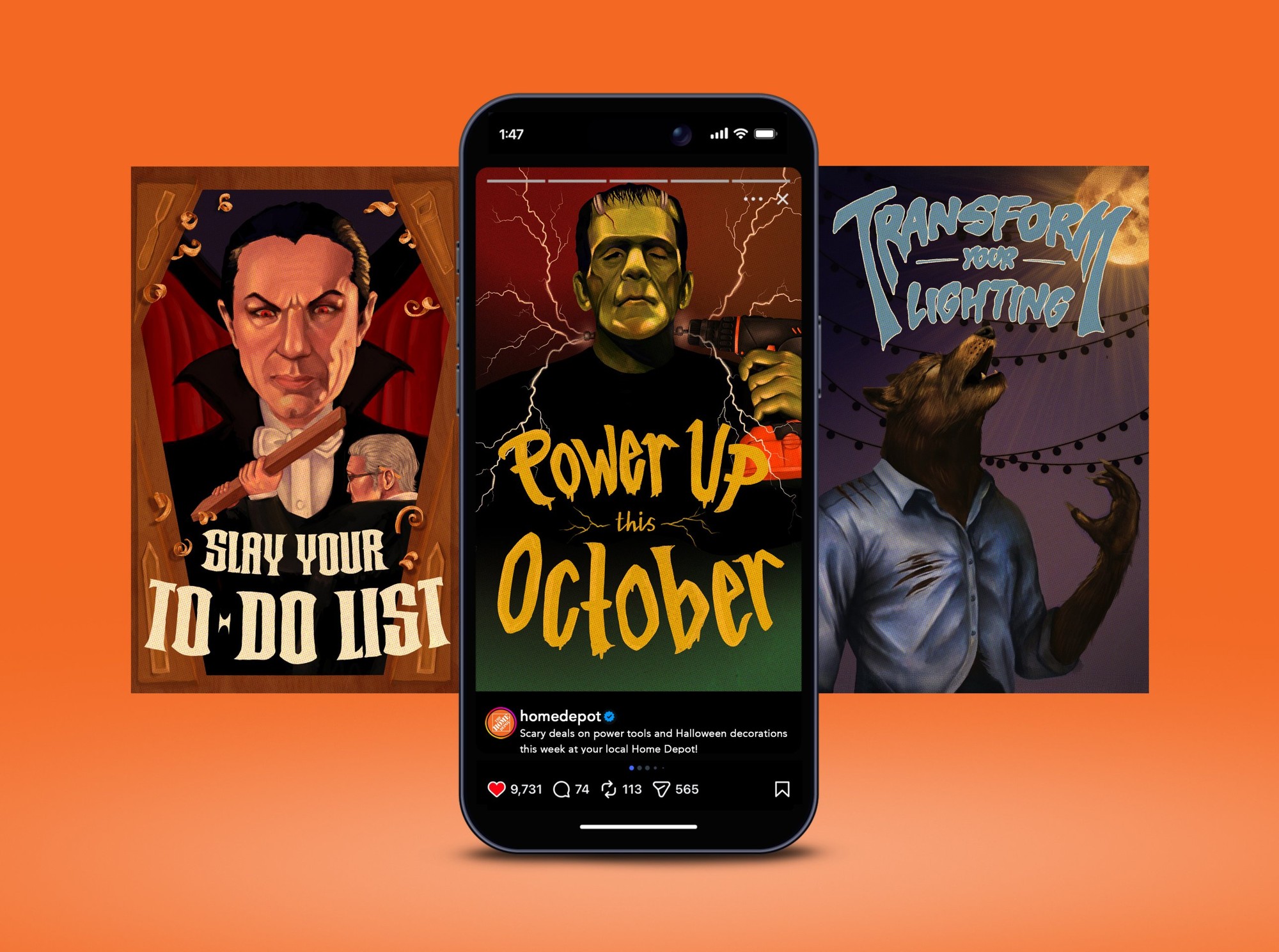 Social mockup: the three campaign illustrations shown as a Home Depot Instagram story.