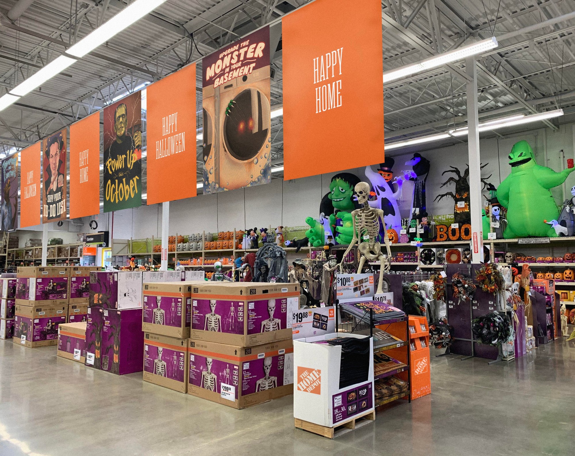 In-store mockup: hanging banners of the illustrations alternating with orange "Happy Halloween" and "Happy Home" banners above a Halloween aisle.