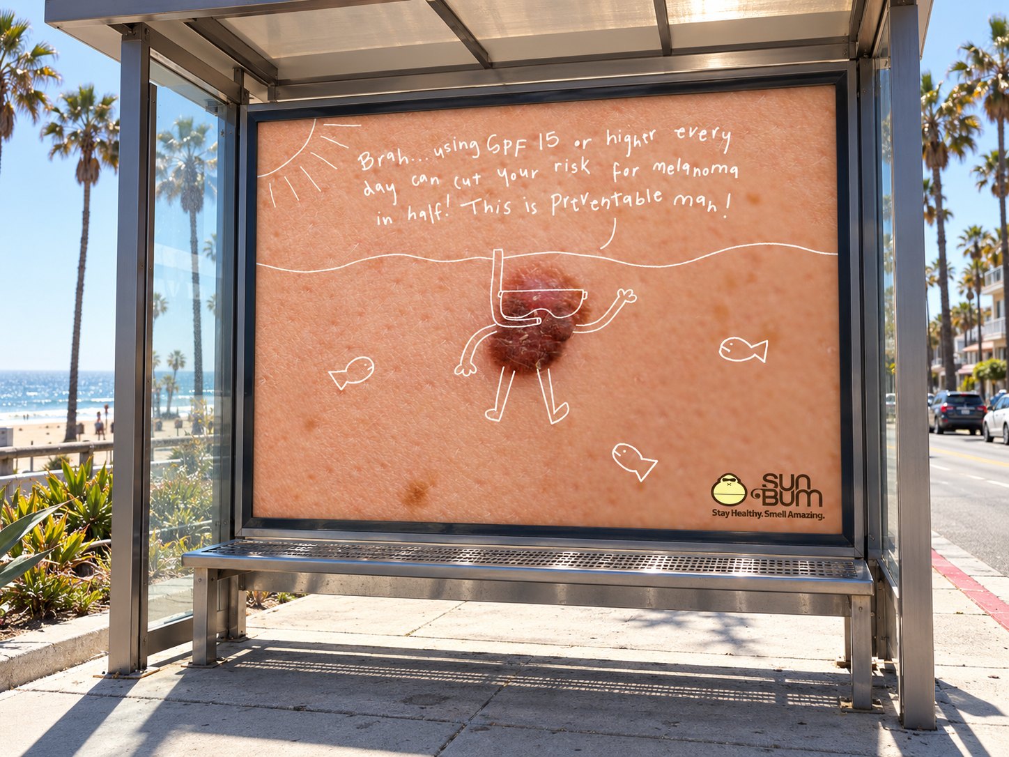 Mockup of the snorkeler ad in a bus shelter near the beach.