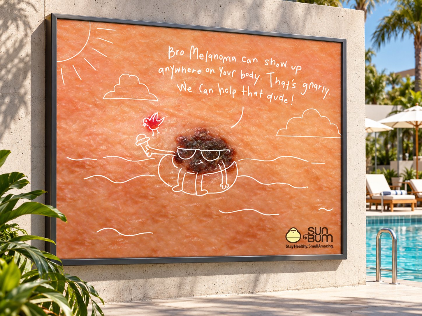 Mockup of the inner tube ad on a poolside wall.
